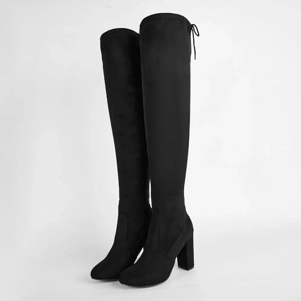 Women's Microfiber Thigh High Block Stiletto Heel Over The Knee Rounded Toe Boot